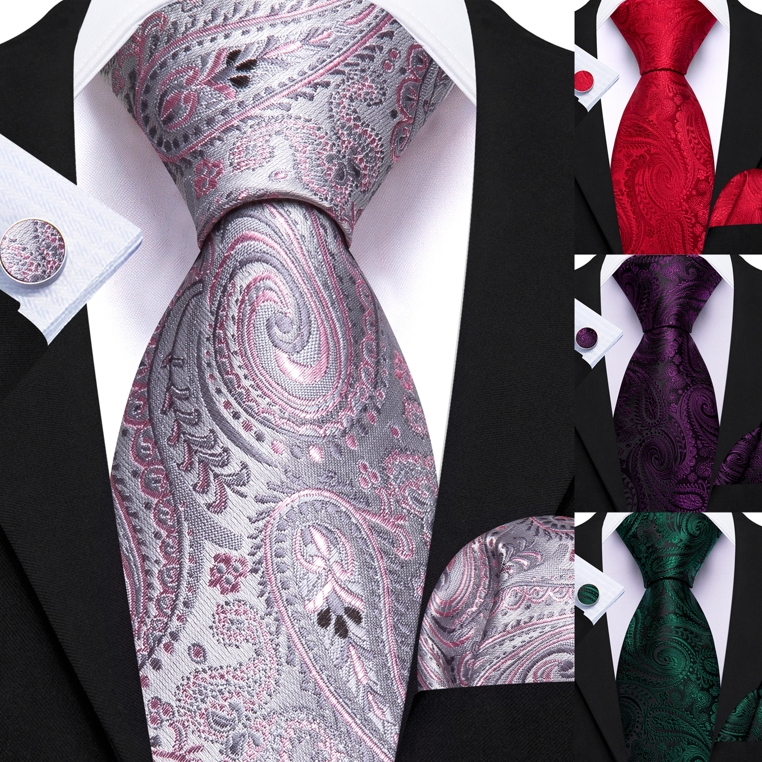 Cufflinks Silver Set - Jacquard Paisley Men Tie Hankerchief Cufflinks