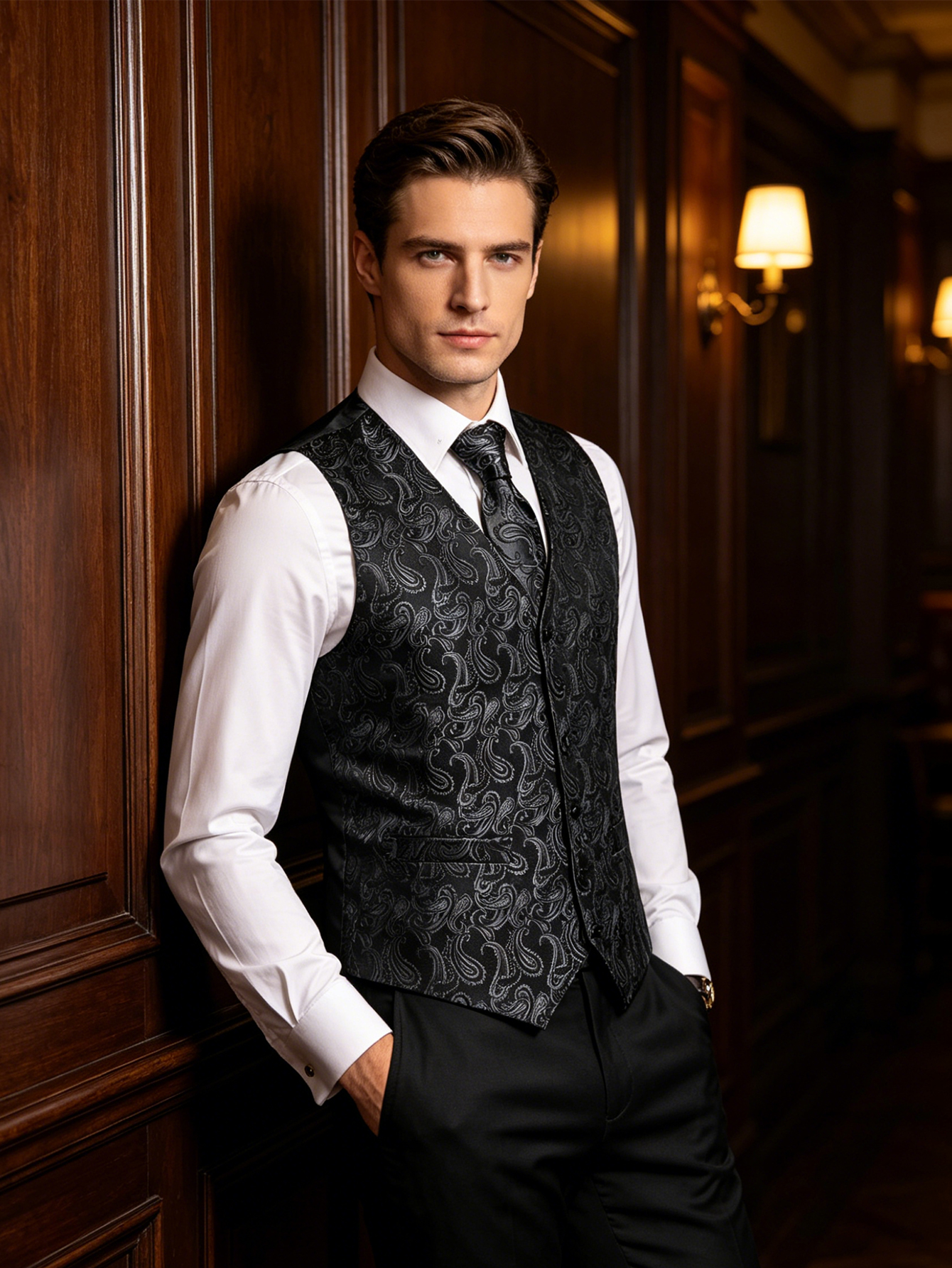 Cufflinks Silver Set - Solid Silver Subtle Paisley Jacquard Vest