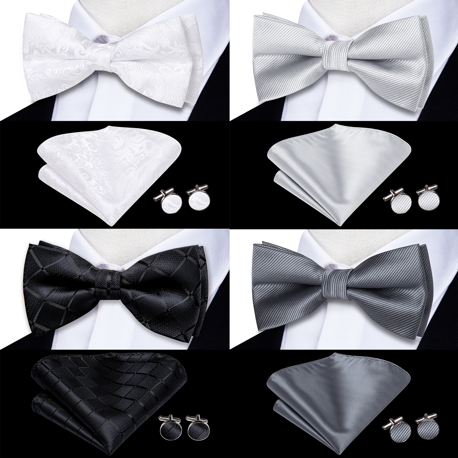 Cufflinks Silver Set - Hi-Tie Mens Bow Tie Hanky Cufflinks