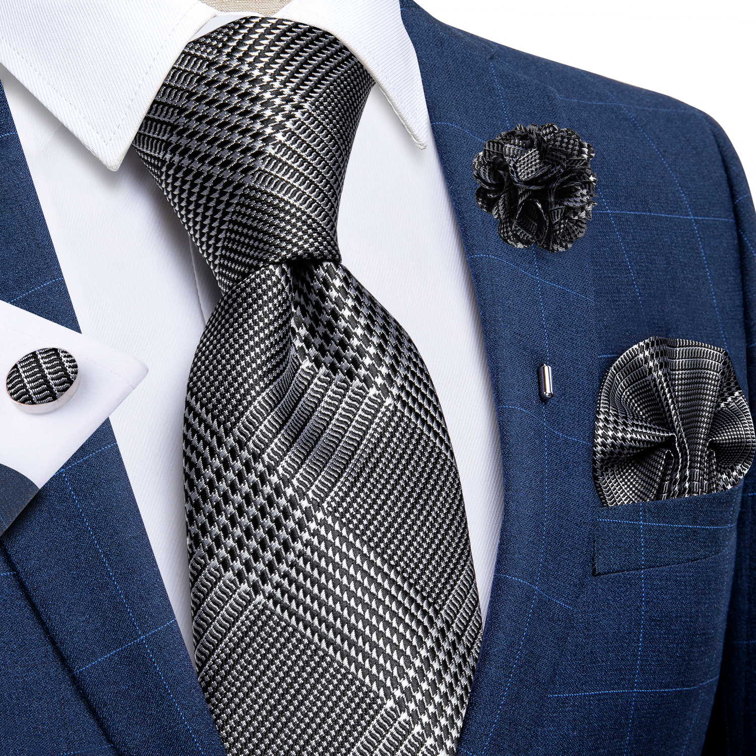 Cufflinks Silver Set - Luxury Black Silver Houndstooth 8cm Silk
