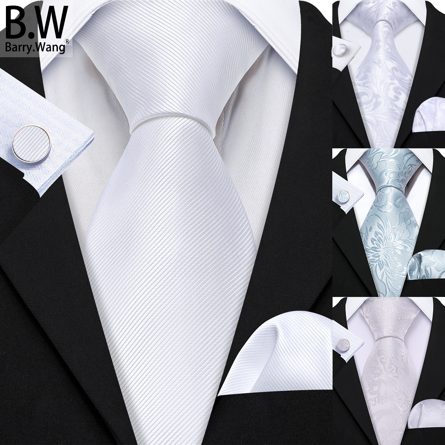 Silver White Men Tie Handkerch - Cufflinks Silver Set incelemesi ve fiyatı