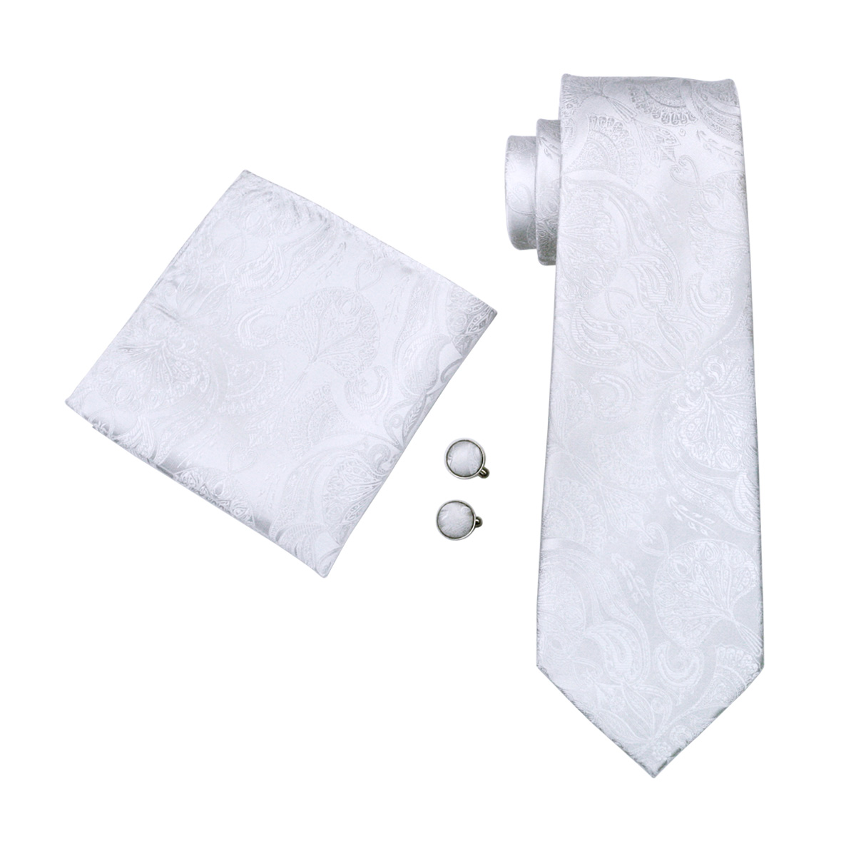 FA-393 Men's Tie White Paisley - Cufflinks Silver Set incelemesi ve fiyatı