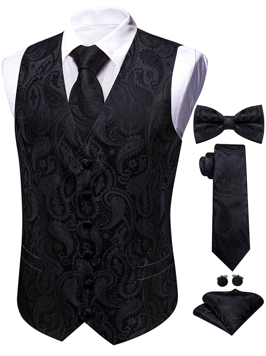 5PCS Mens Black Paisley Floral - Formal Vest Waistcoat incelemesi ve fiyatı